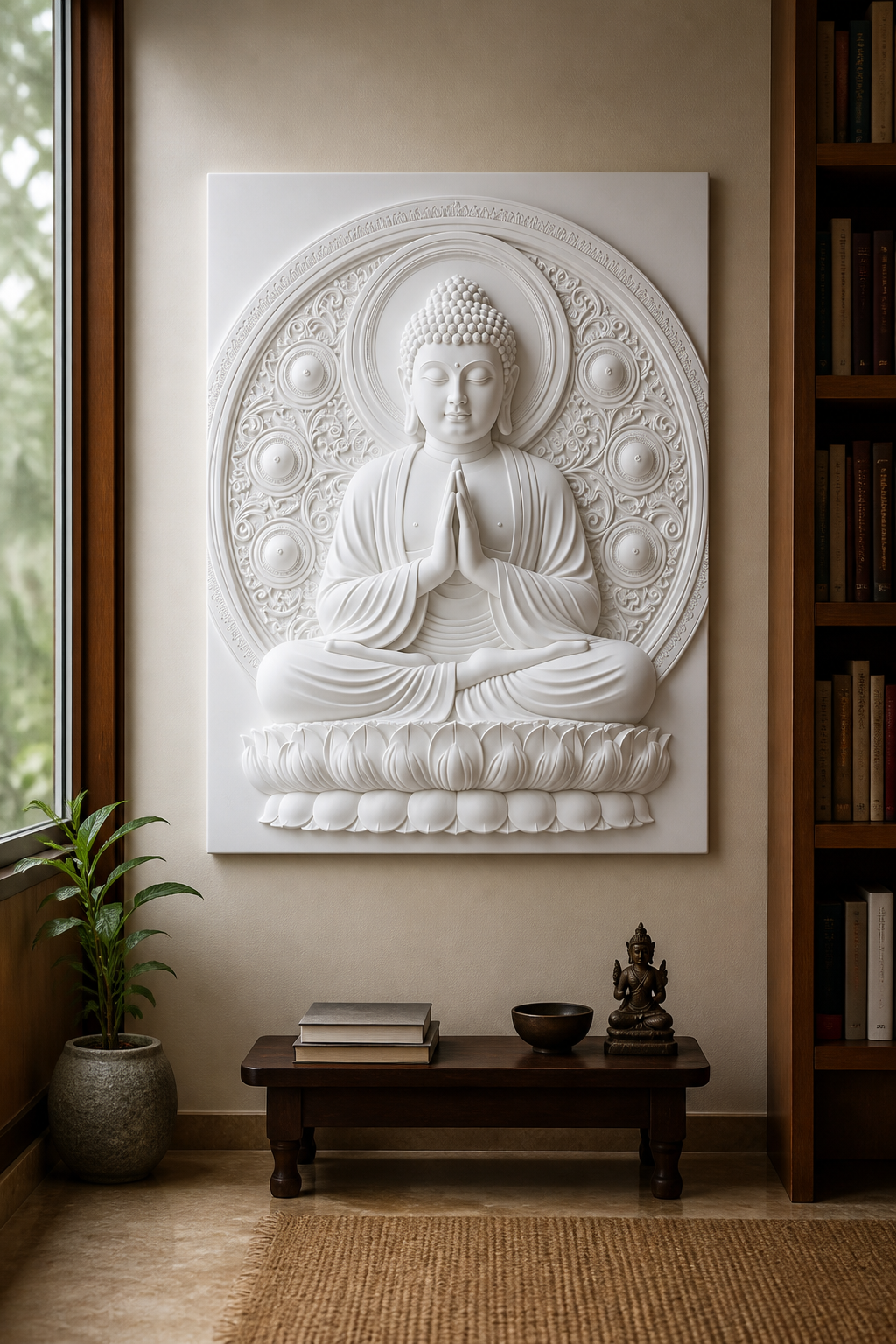 Dharma Halo Buddha white Corian wall panel front view in contemplative Juhu library corner