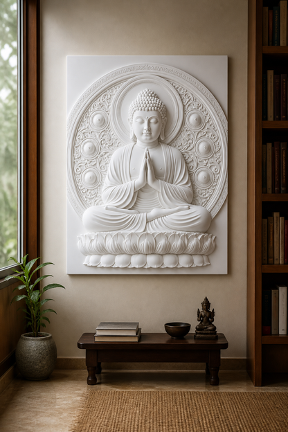 Dharma Halo Buddha white Corian wall panel front view in contemplative Juhu library corner
