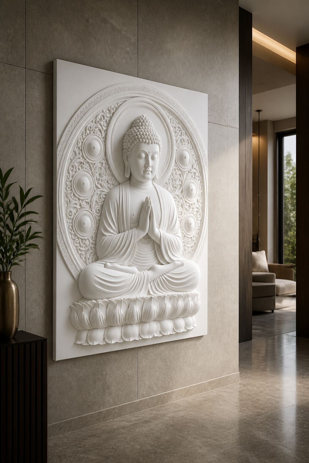 Dharma Halo Buddha white Corian wall panel left angle in stone-grey Lower Parel foyer