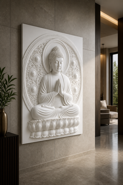 Dharma Halo Buddha white Corian wall panel left angle in stone-grey Lower Parel foyer
