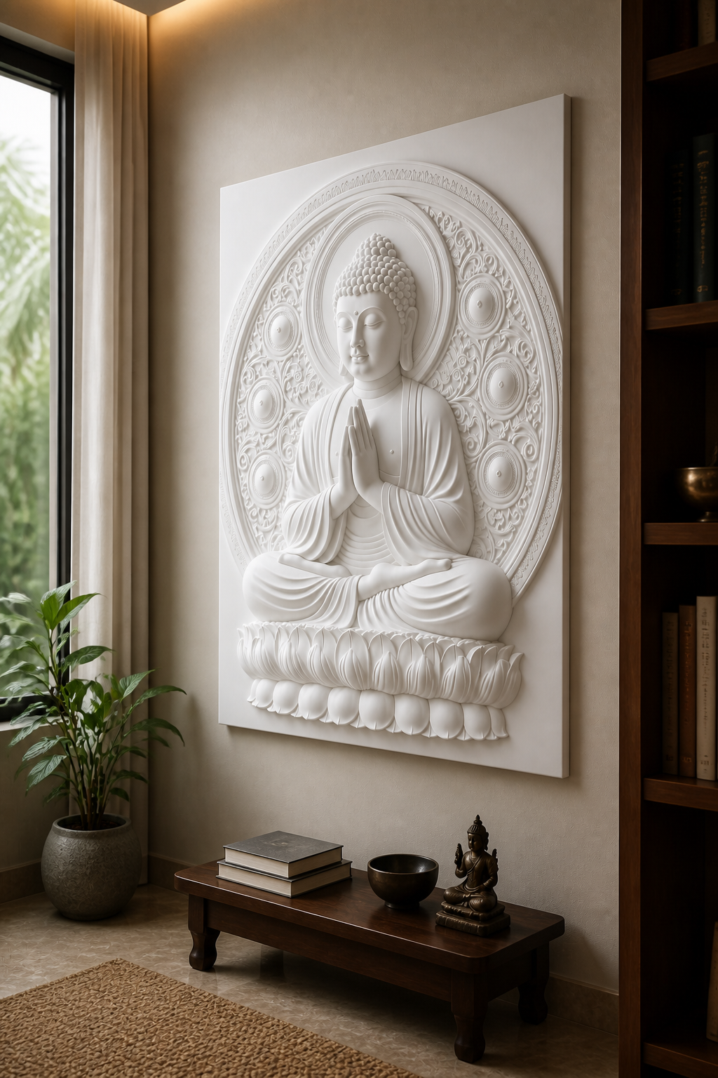 Dharma Halo Buddha white Corian wall panel right angle in quiet Navi Mumbai meditation lounge