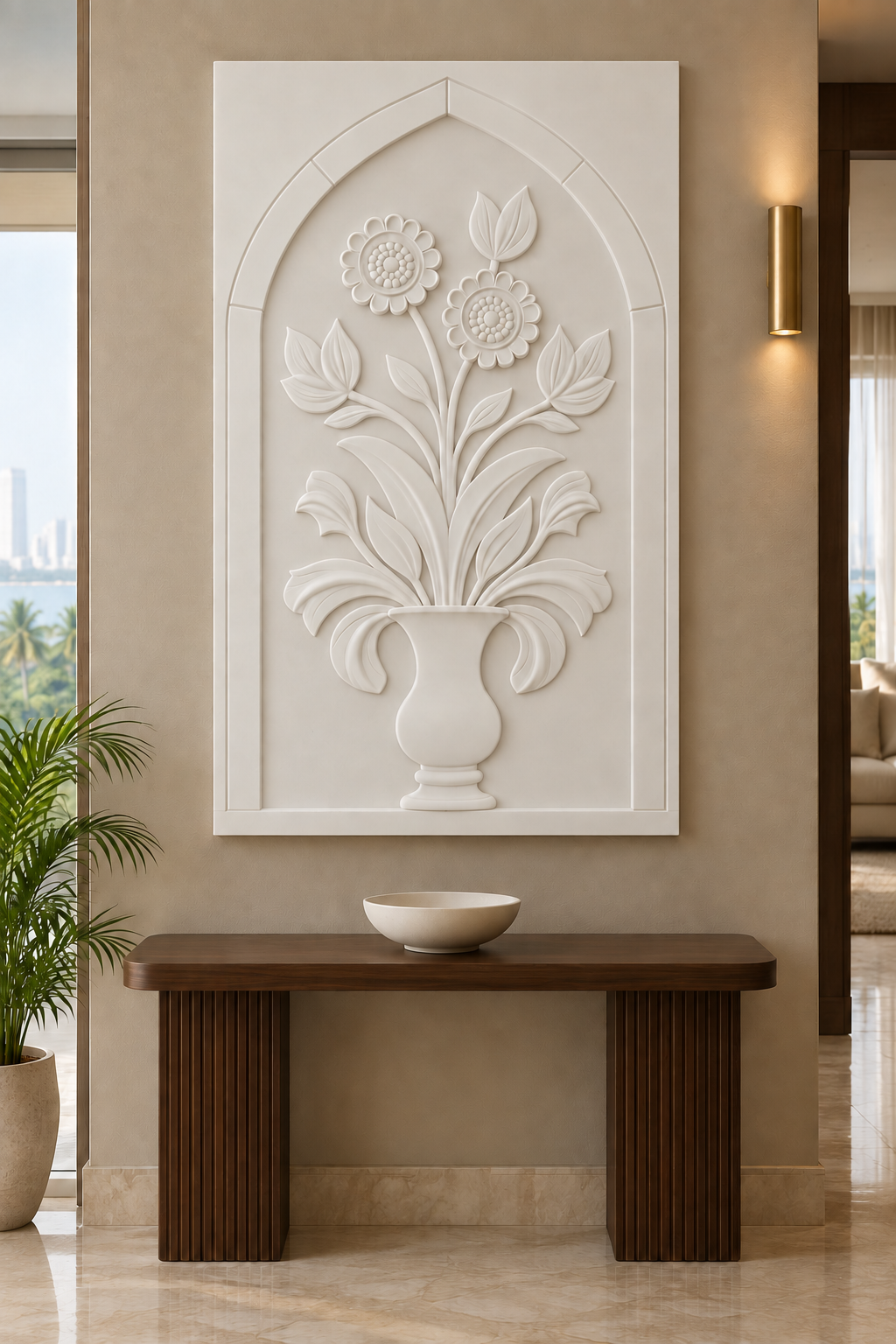 Scalloped Blooms Pedestal Vase Corian wall panel, front view in a refined Mumbai apartment foyer with a walnut console and brass lighting; AI-assisted concept visualisation
