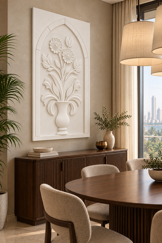 Scalloped Blooms Pedestal Vase Corian wall panel, left view in a Mumbai dining nook with a dark walnut sideboard, oval table and linen pendants; AI-assisted concept visualisation