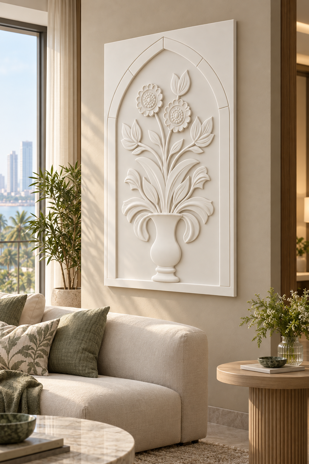 Scalloped Blooms Pedestal Vase Corian wall panel, right view in a Mumbai living room with a low ivory sofa, pale oak side table and soft window light; AI-assisted concept visualisation