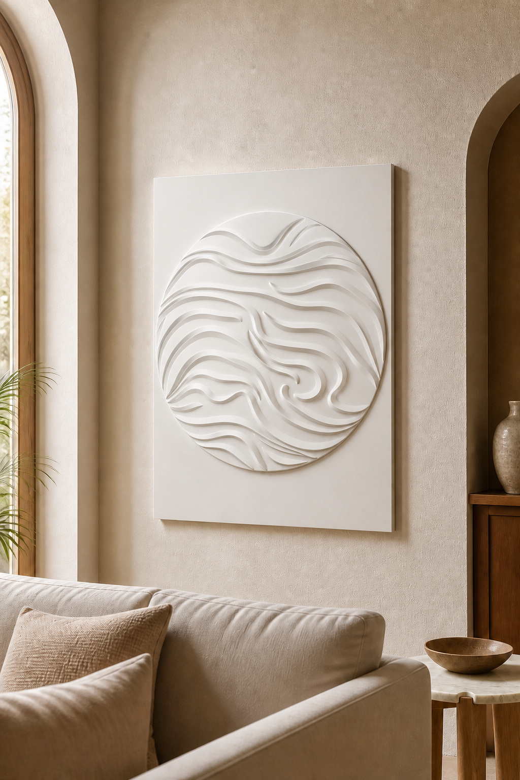 Tidal Disc white Corian wall panel front view in warm-plaster Bandra living room