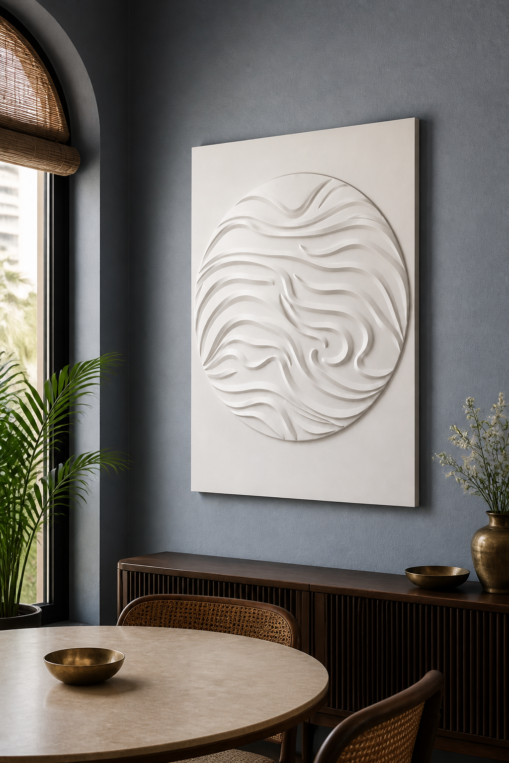 Tidal Disc white Corian wall panel left angle in blue-grey Worli dining nook