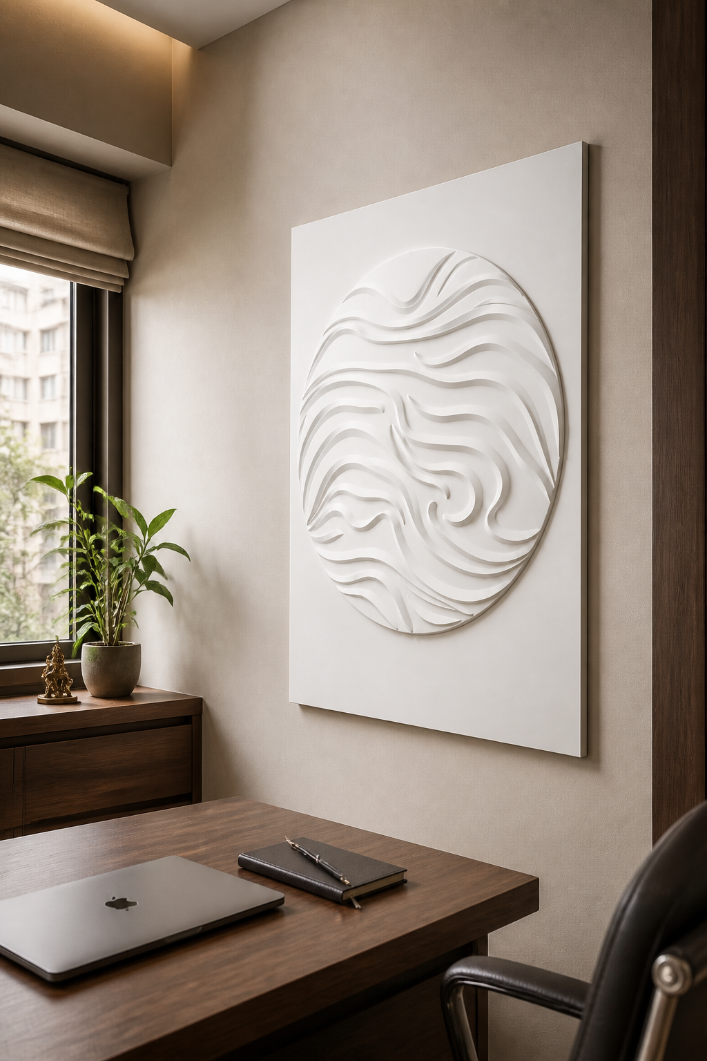 Tidal Disc white Corian wall panel right angle in compact Andheri home office