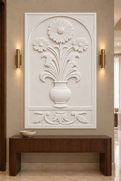 Daisy Palmette Niche Corian wall panel, front view in a refined Mumbai apartment foyer with a walnut console and brass lighting; AI-assisted concept visualisation