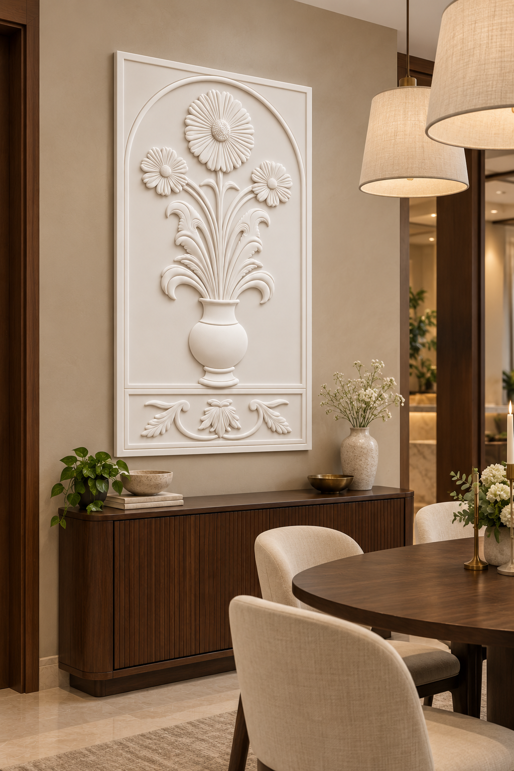 Daisy Palmette Niche Corian wall panel, left view in a Mumbai dining nook with a dark walnut sideboard, oval table and linen pendants; AI-assisted concept visualisation