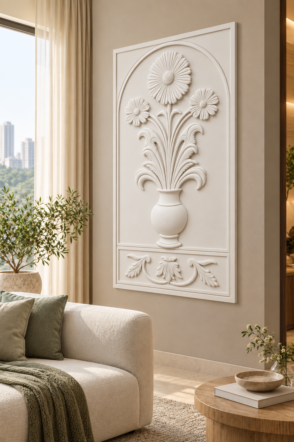 Daisy Palmette Niche Corian wall panel, right view in a Mumbai living room with a low ivory sofa, pale oak side table and soft window light; AI-assisted concept visualisation