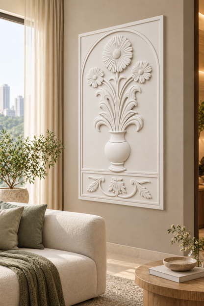 Daisy Palmette Niche Corian wall panel, right view in a Mumbai living room with a low ivory sofa, pale oak side table and soft window light; AI-assisted concept visualisation