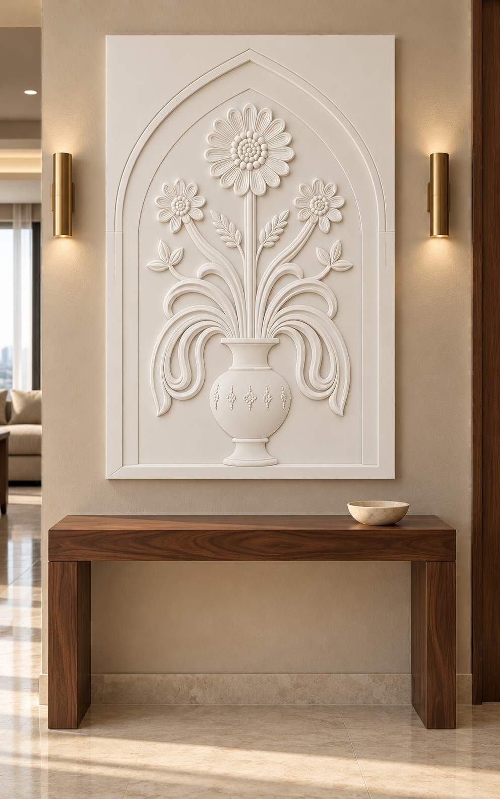 Layered Daisy Pendant Urn Corian wall panel, front view in a refined Mumbai apartment foyer with a walnut console and brass lighting; AI-assisted concept visualisation