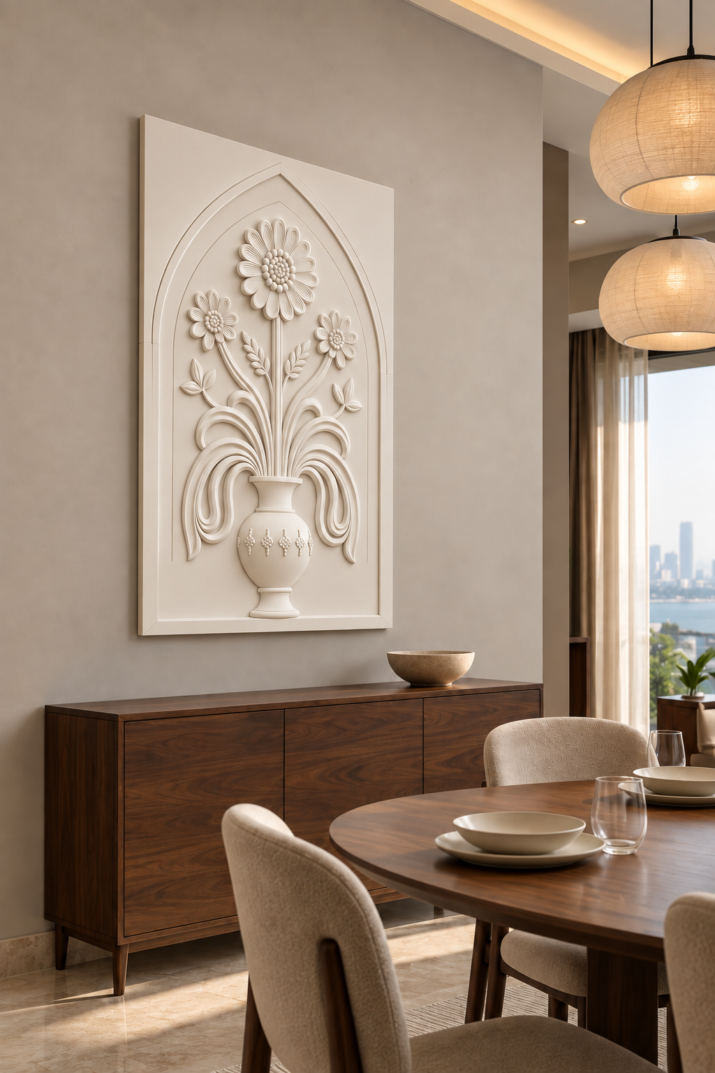 Layered Daisy Pendant Urn Corian wall panel, left view in a Mumbai dining nook with a dark walnut sideboard, oval table and linen pendants; AI-assisted concept visualisation