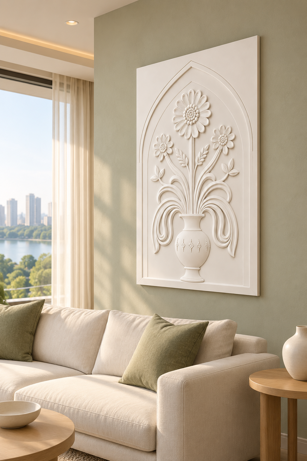 Layered Daisy Pendant Urn Corian wall panel, right view in a Mumbai living room with a low ivory sofa, pale oak side table and soft window light; AI-assisted concept visualisation