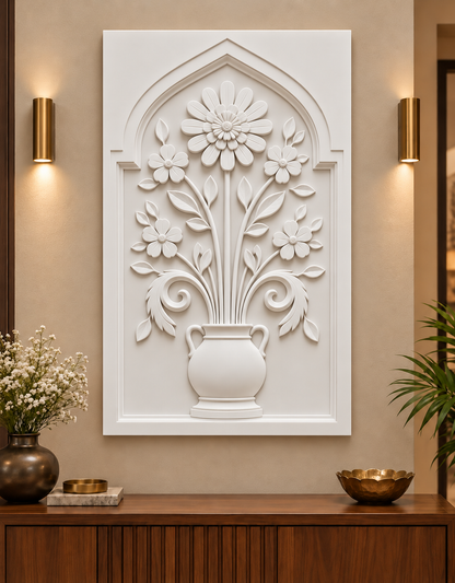Layered Petal Garden Pot Corian wall panel, front view in a refined Mumbai apartment foyer with a walnut console and brass lighting; AI-assisted concept visualisation