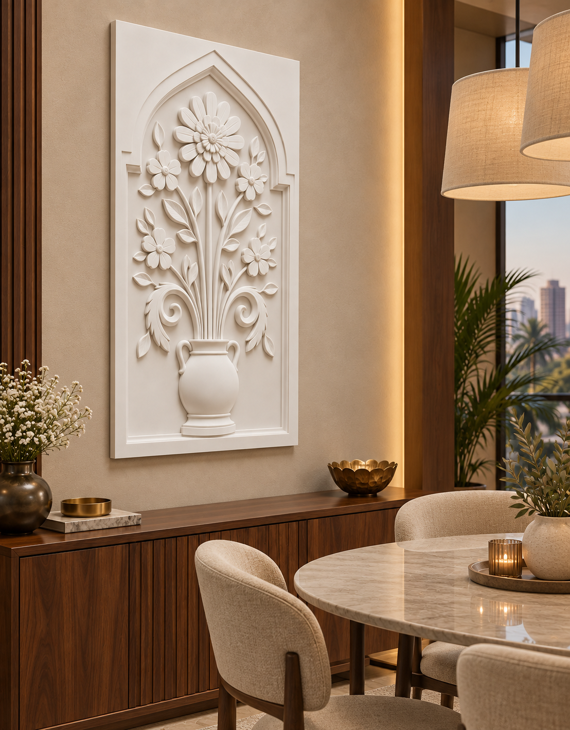 Layered Petal Garden Pot Corian wall panel, left view in a Mumbai dining nook with a dark walnut sideboard, oval table and linen pendants; AI-assisted concept visualisation
