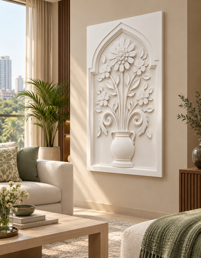 Layered Petal Garden Pot Corian wall panel, right view in a Mumbai living room with a low ivory sofa, pale oak side table and soft window light; AI-assisted concept visualisation