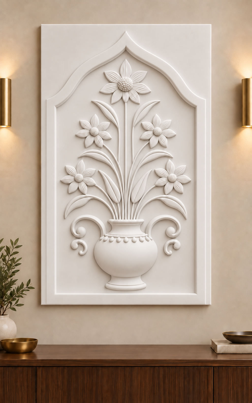 Star Daisy Beaded Vase Corian wall panel, front view in a refined Mumbai apartment foyer with a walnut console and brass lighting; AI-assisted concept visualisation