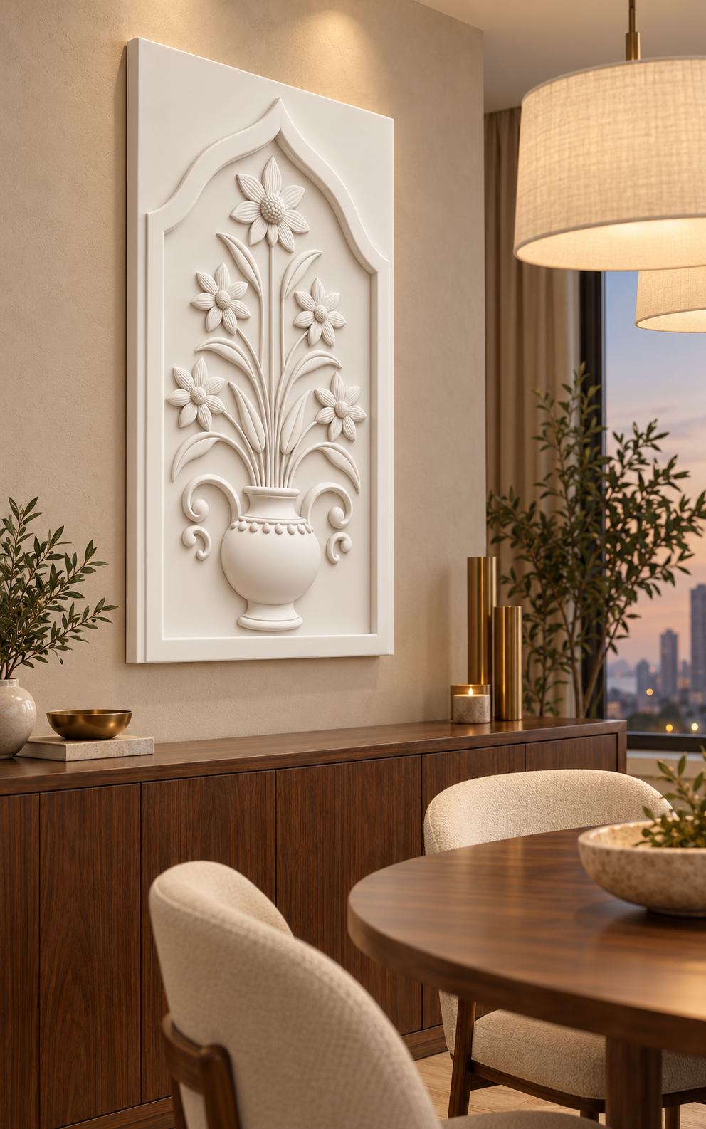 Star Daisy Beaded Vase Corian wall panel, left view in a Mumbai dining nook with a dark walnut sideboard, oval table and linen pendants; AI-assisted concept visualisation
