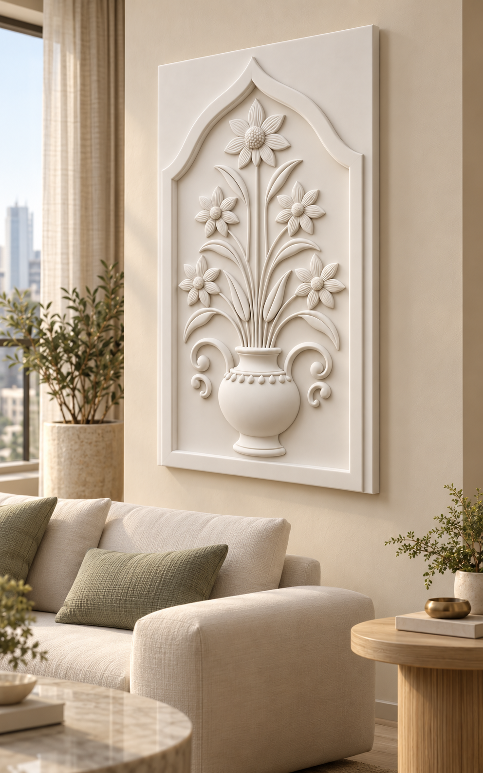 Star Daisy Beaded Vase Corian wall panel, right view in a Mumbai living room with a low ivory sofa, pale oak side table and soft window light; AI-assisted concept visualisation