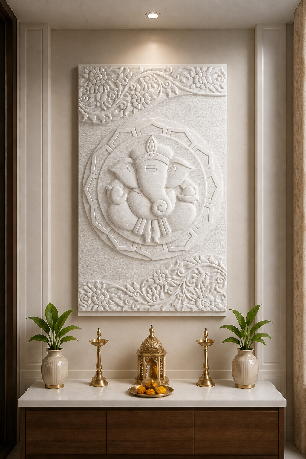 Ganesha Vine Sanctuary white Corian wall panel front view in dedicated Vile Parle home mandir