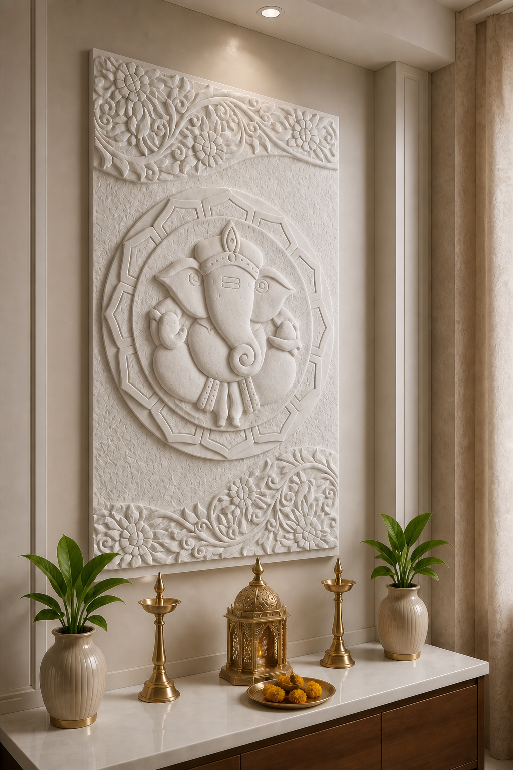 Ganesha Vine Sanctuary white Corian wall panel left angle in cream Mulund living-room prayer wall
