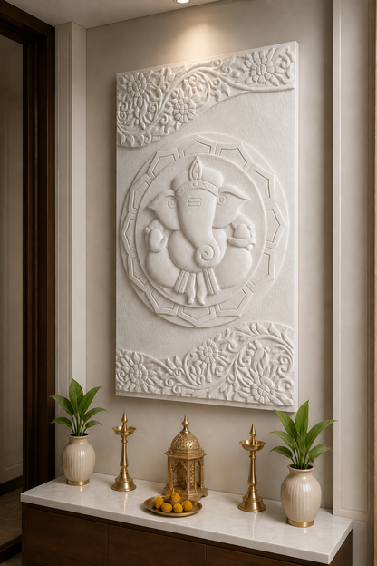 Ganesha Vine Sanctuary white Corian wall panel right angle in premium Kandivali entrance alcove