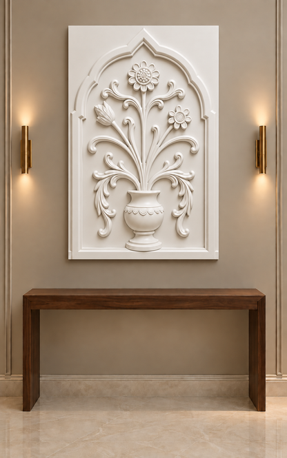 Loop Bloom Scalloped Urn Corian wall panel, front view in a refined Mumbai apartment foyer with a walnut console and brass lighting; AI-assisted concept visualisation