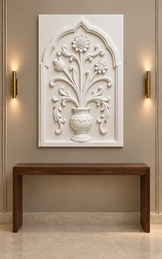 Loop Bloom Scalloped Urn Corian wall panel, front view in a refined Mumbai apartment foyer with a walnut console and brass lighting; AI-assisted concept visualisation