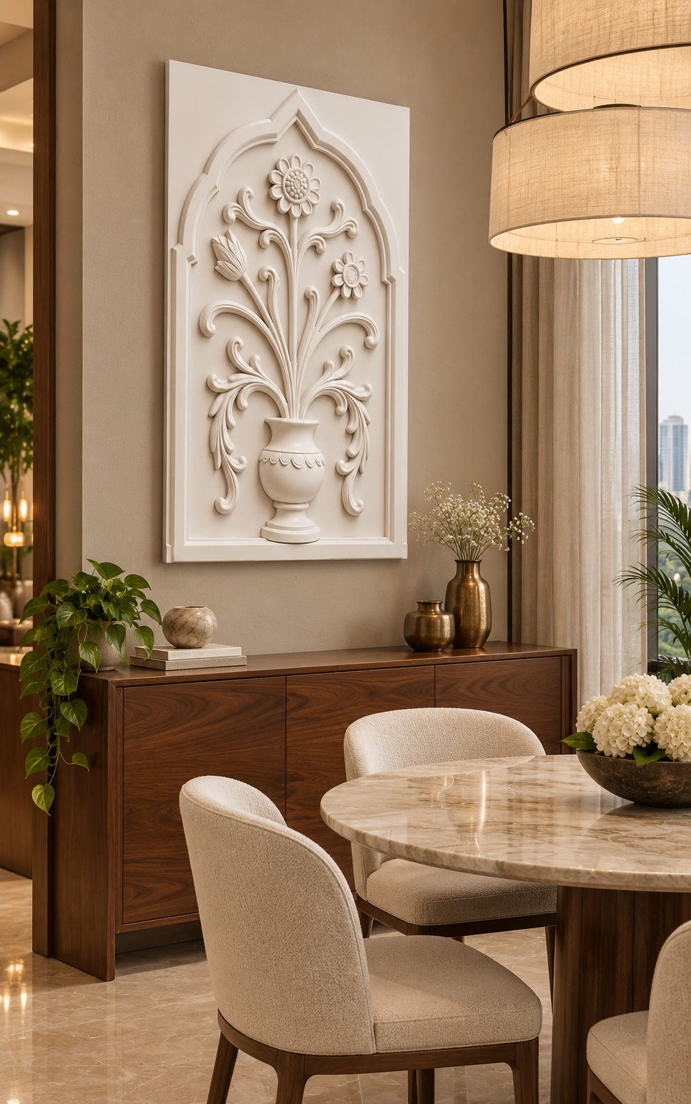 Loop Bloom Scalloped Urn Corian wall panel, left view in a Mumbai dining nook with a dark walnut sideboard, oval table and linen pendants; AI-assisted concept visualisation