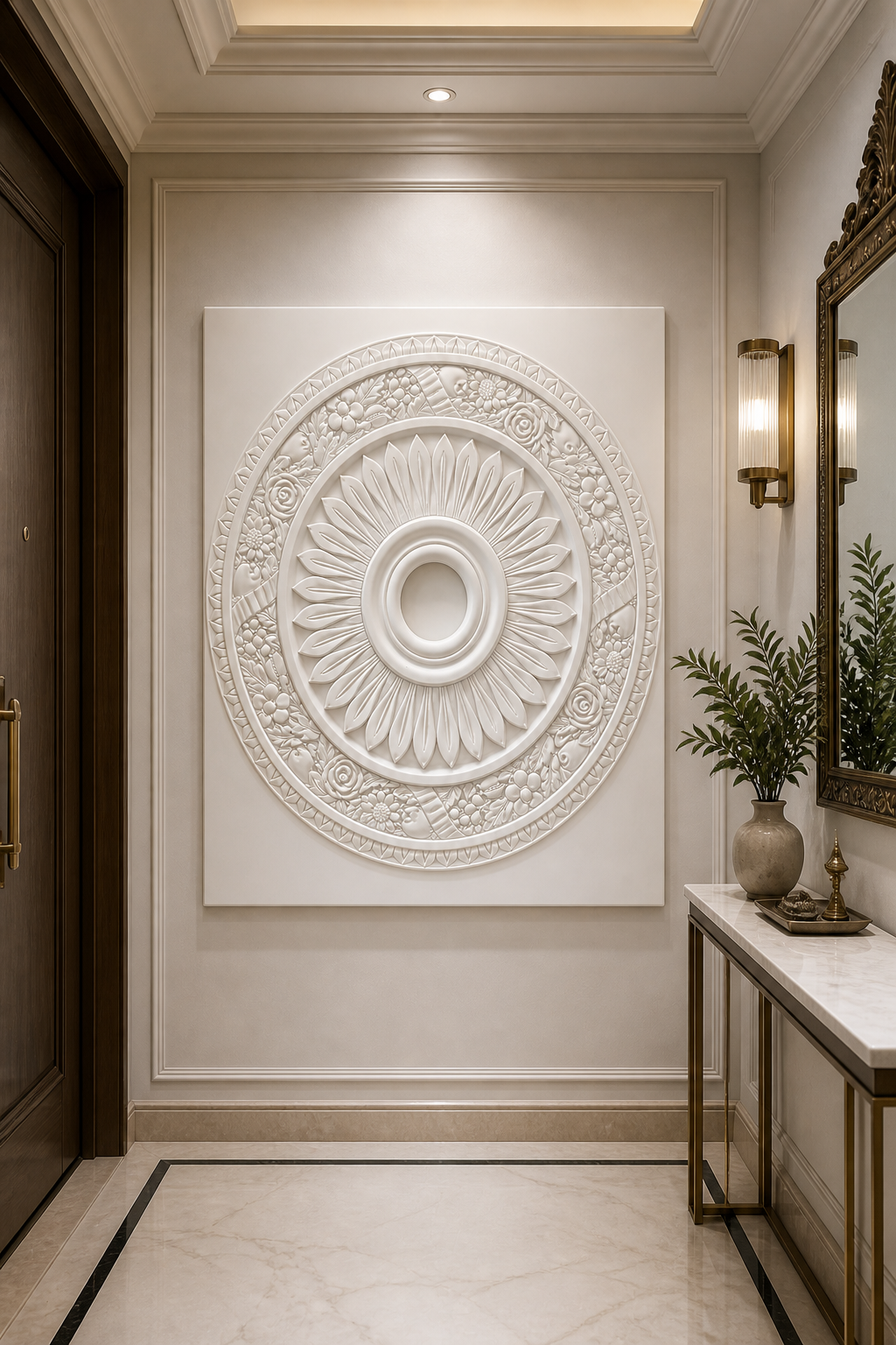 Sunburst Garland white Corian wall panel front view in formal Cuffe Parade foyer