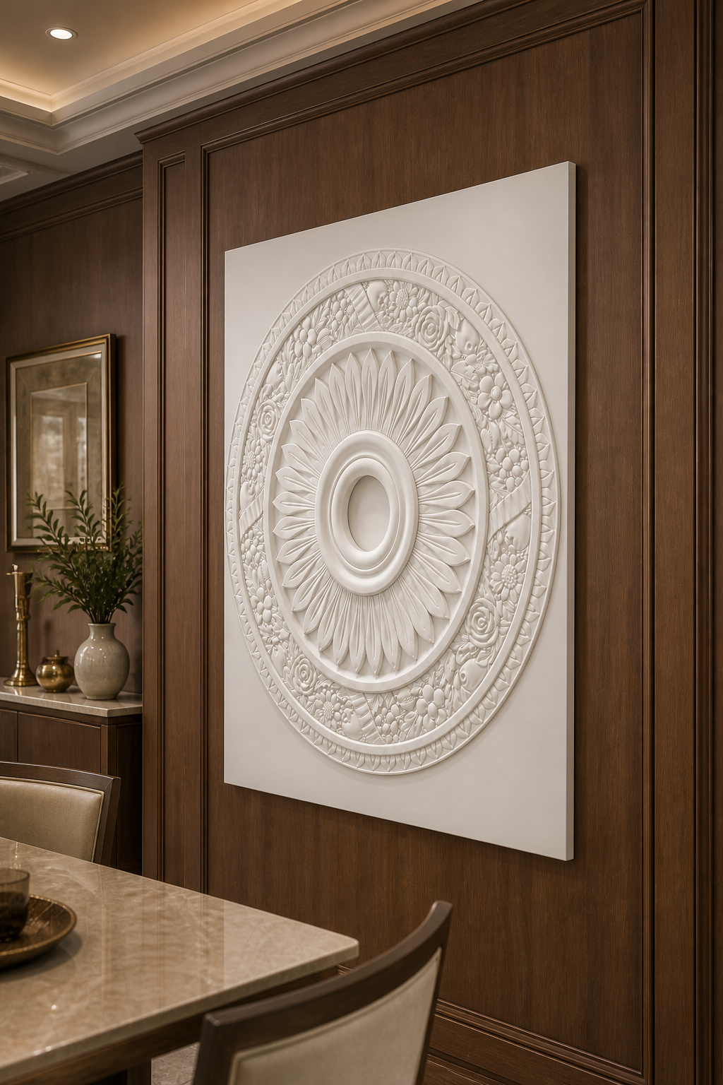 Sunburst Garland white Corian wall panel left angle in walnut-panelled BKC dining room