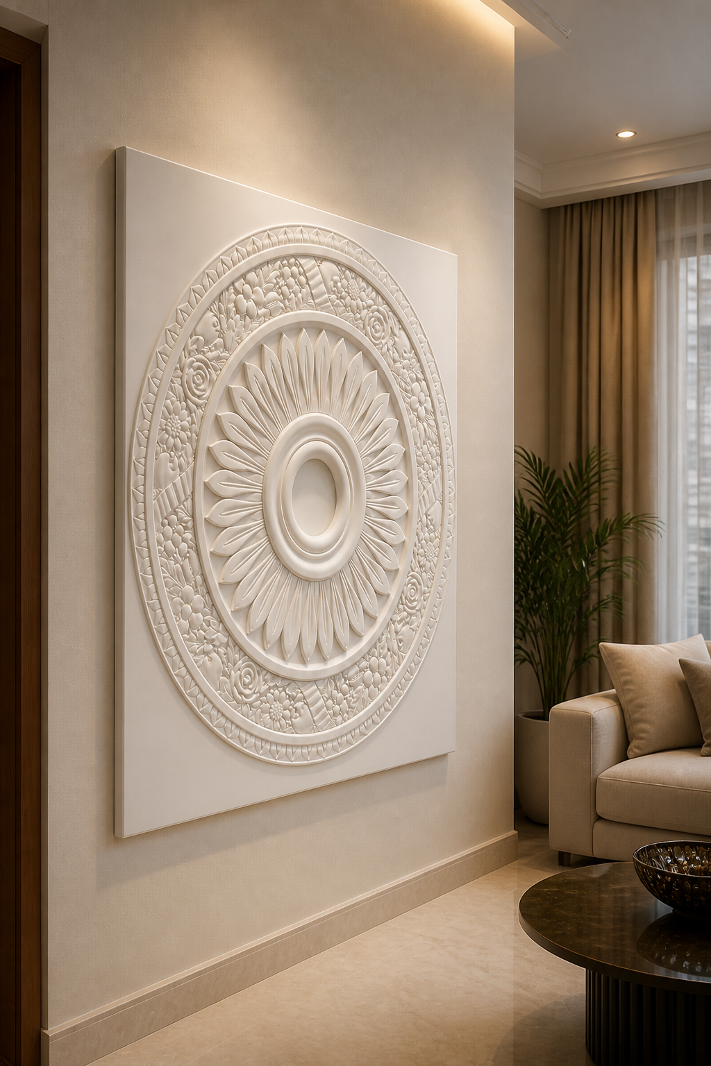 Sunburst Garland white Corian wall panel right angle in soft-ivory Powai living room