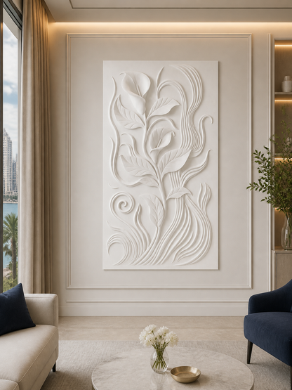 Calla Current white Corian wall panel front view in elegant Juhu living room