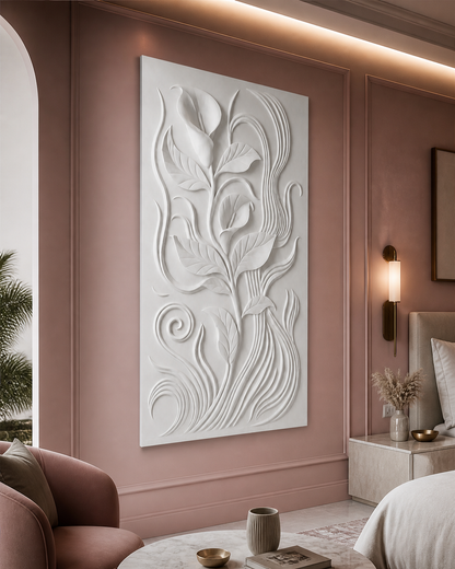 Calla Current white Corian wall panel left angle in muted-rose Bandra bedroom lounge