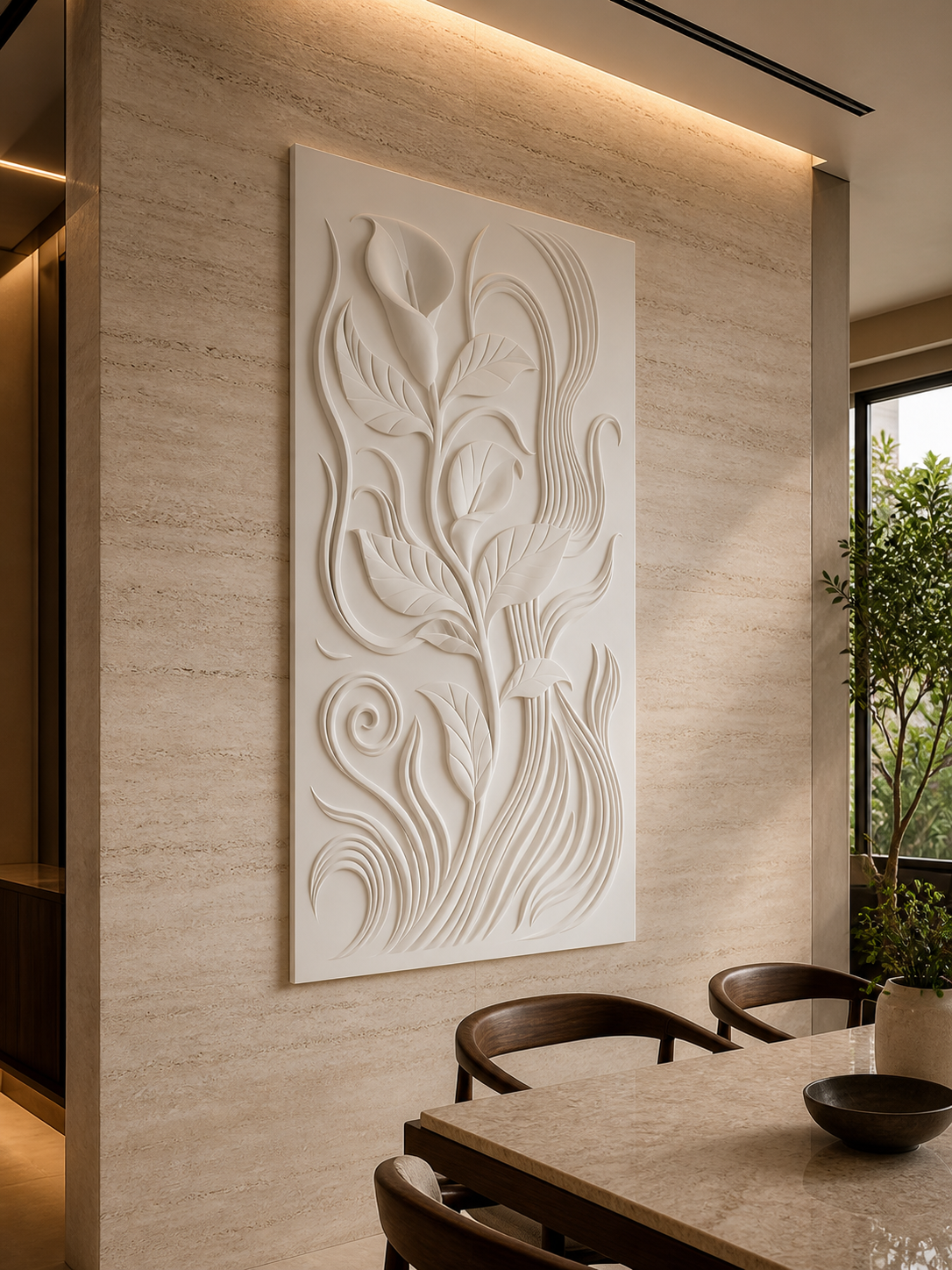Calla Current white Corian wall panel right angle in travertine Worli dining alcove