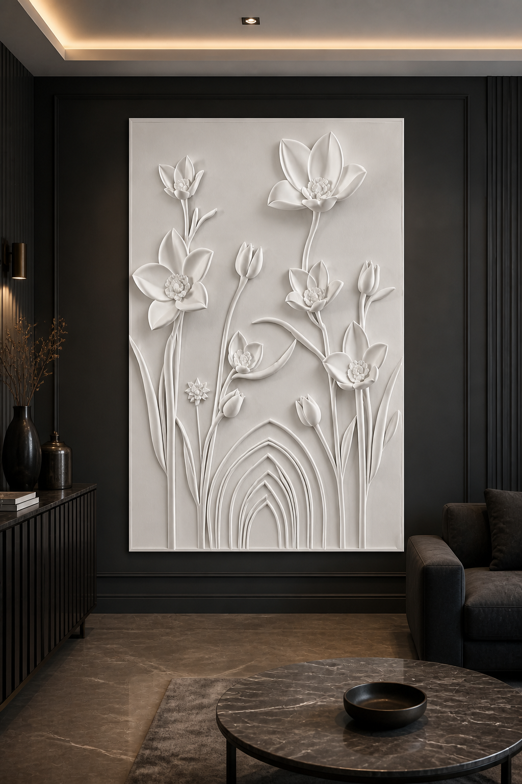 Lotus Arch Garden white Corian wall panel front view in charcoal Marine Drive lounge