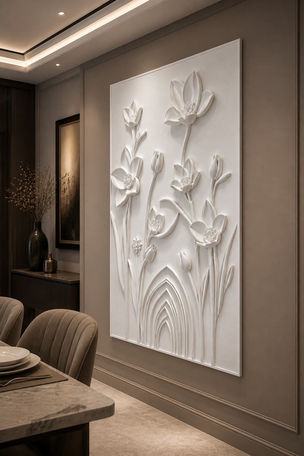 Lotus Arch Garden white Corian wall panel left angle in warm-taupe Parel dining room