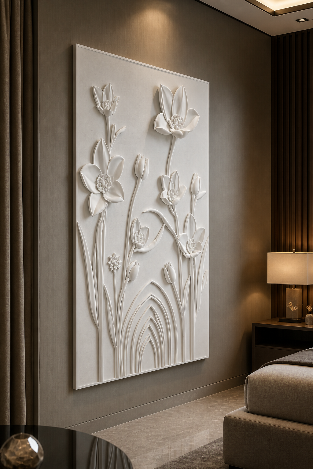 Lotus Arch Garden white Corian wall panel right angle in luxury Khar bedroom sitting corner