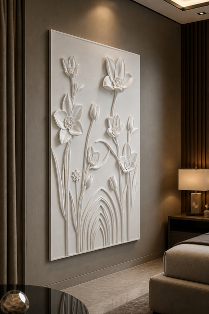 Lotus Arch Garden white Corian wall panel right angle in luxury Khar bedroom sitting corner