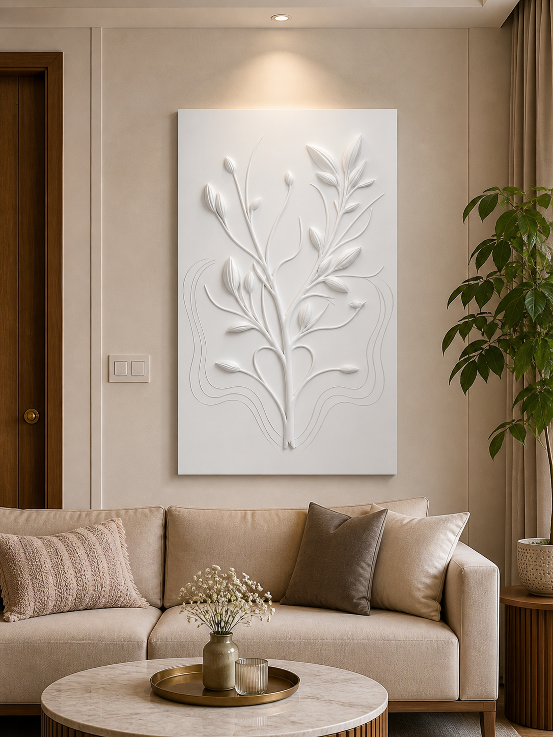 Quiet Branch white Corian wall panel front view in compact Dadar living room