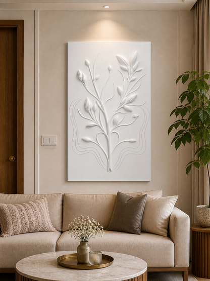 Quiet Branch white Corian wall panel front view in compact Dadar living room