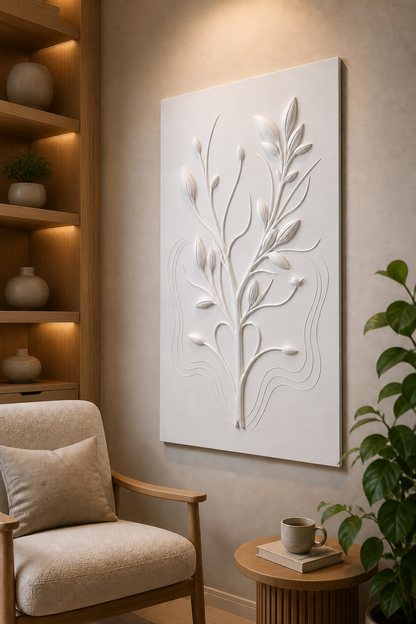 Quiet Branch white Corian wall panel left angle in light-oak Santacruz reading nook