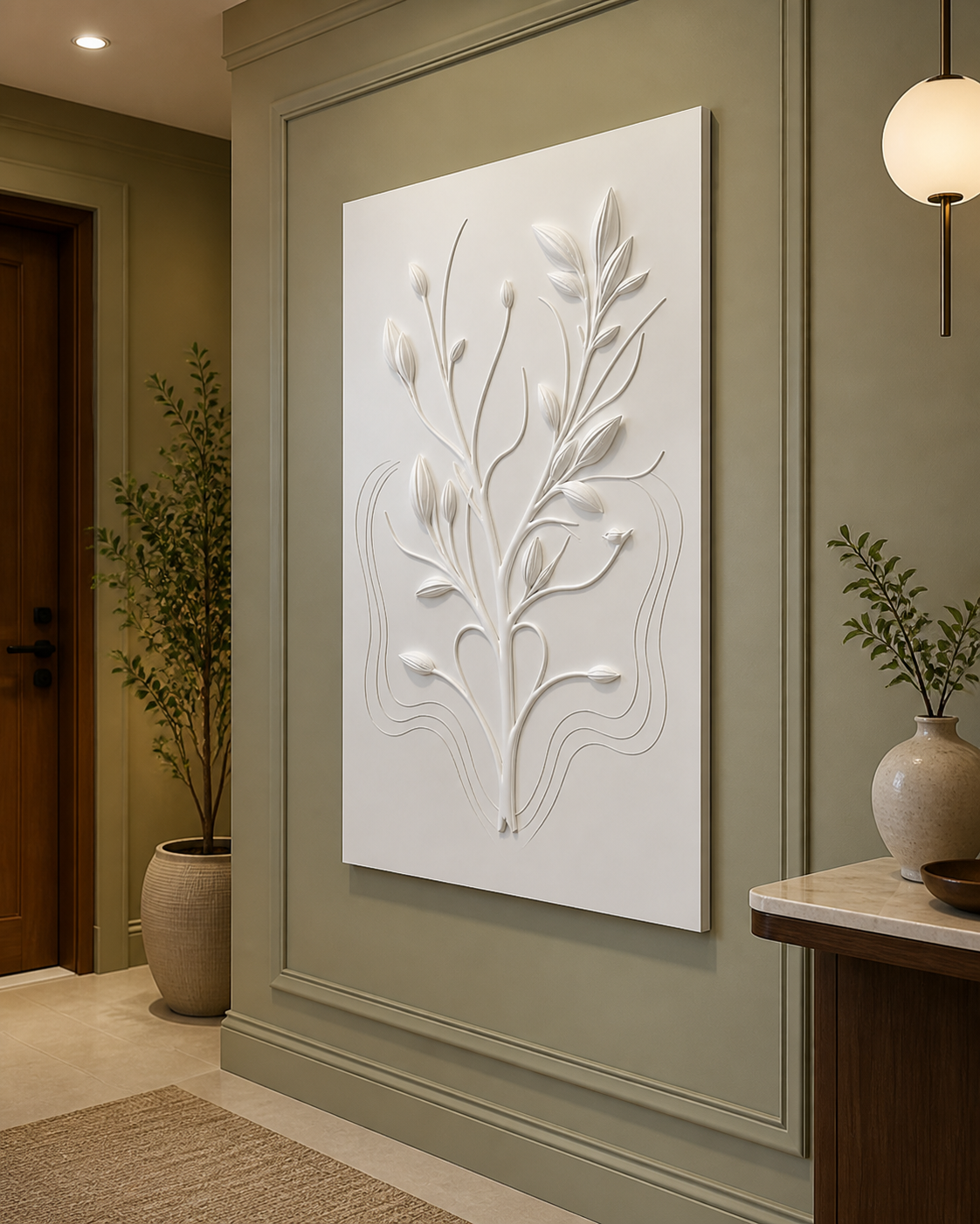 Quiet Branch white Corian wall panel right angle in pale-sage Goregaon foyer