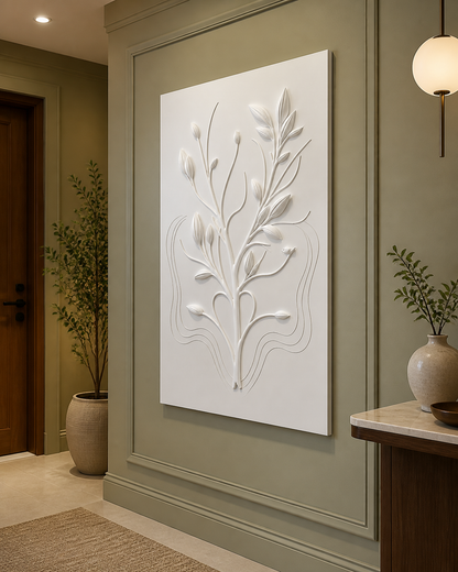 Quiet Branch white Corian wall panel right angle in pale-sage Goregaon foyer