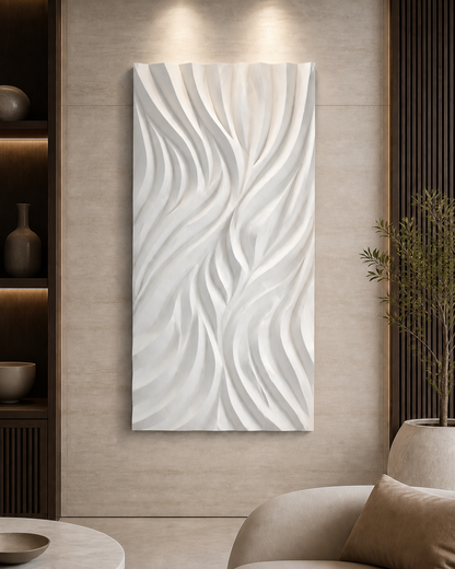 Ribbon Current white Corian wall panel front view in limestone Worli lounge
