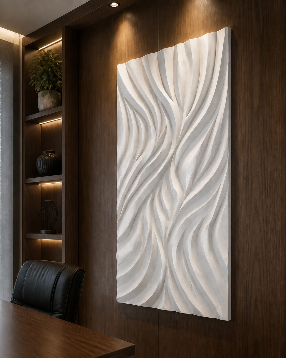 Ribbon Current white Corian wall panel left angle in walnut Powai home office