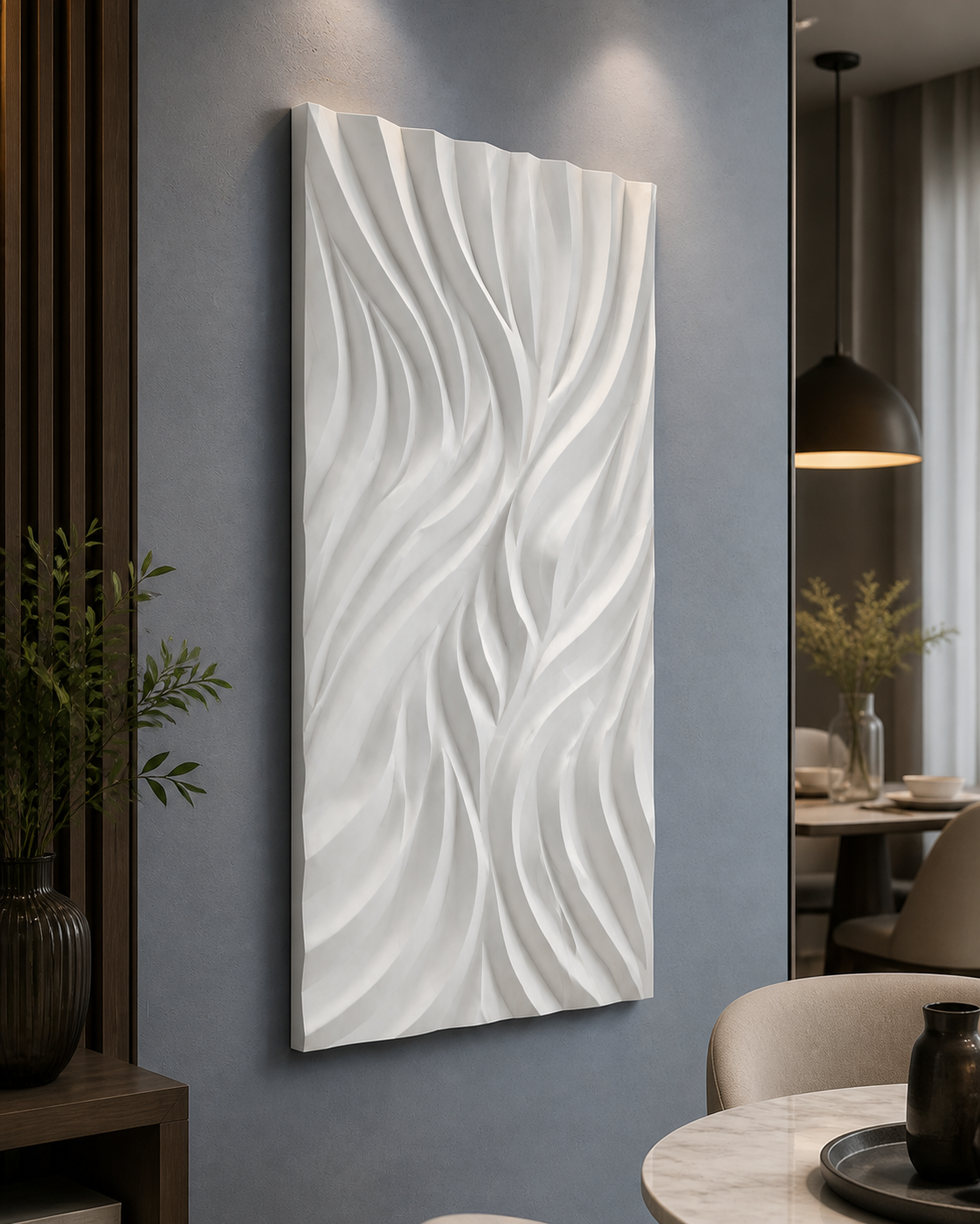 Ribbon Current white Corian wall panel right angle in blue-grey Chembur dining corner