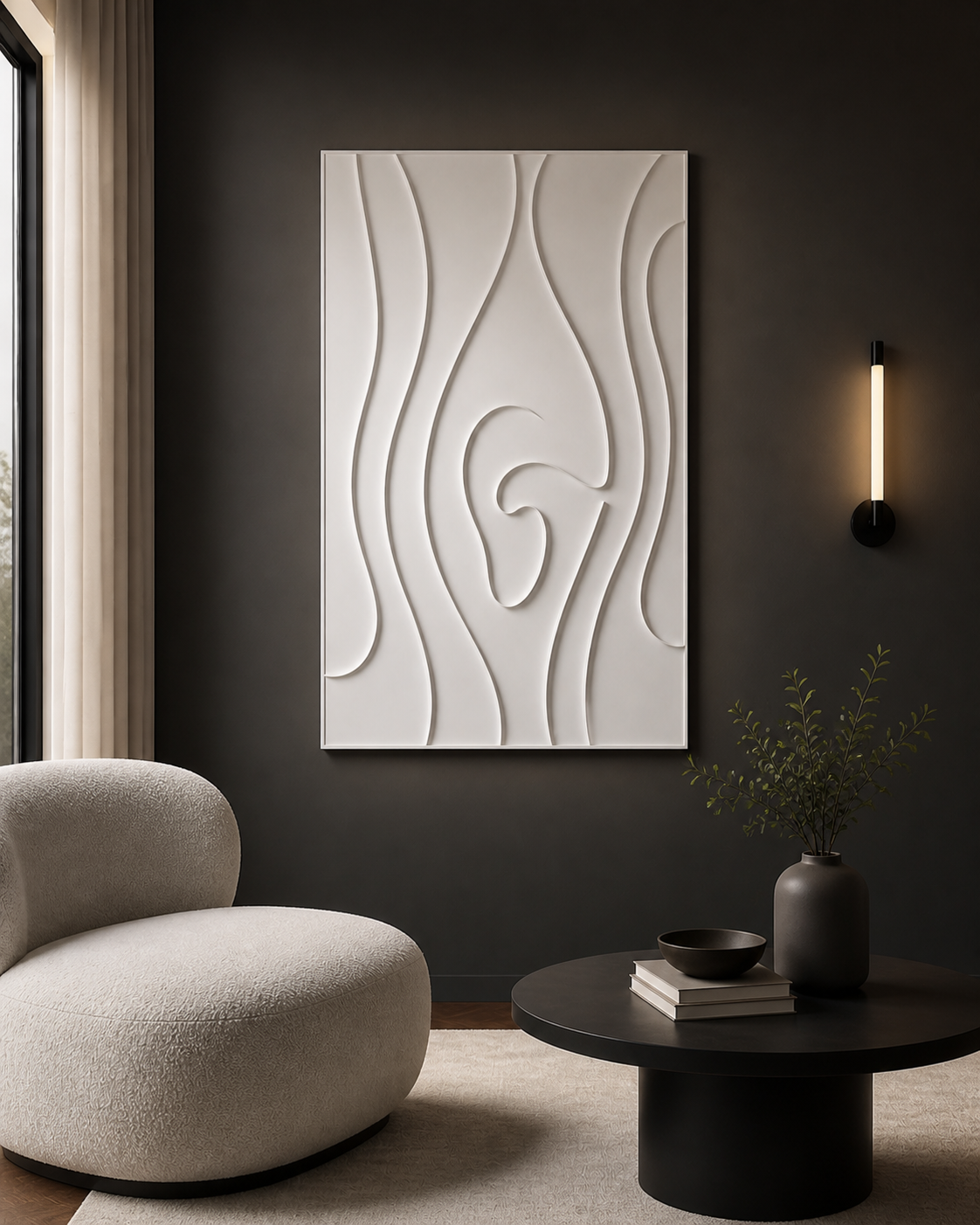 Sculpted Sway white Corian wall panel front view in charcoal-and-ivory Bandra lounge