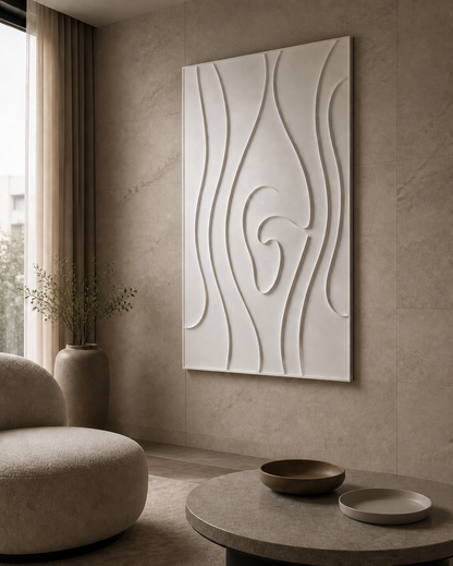Sculpted Sway white Corian wall panel left angle in pale-stone BKC study